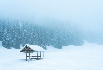 Solitary wooden shelter against a backdrop of mountains and forest during heavy snowfall and fog.