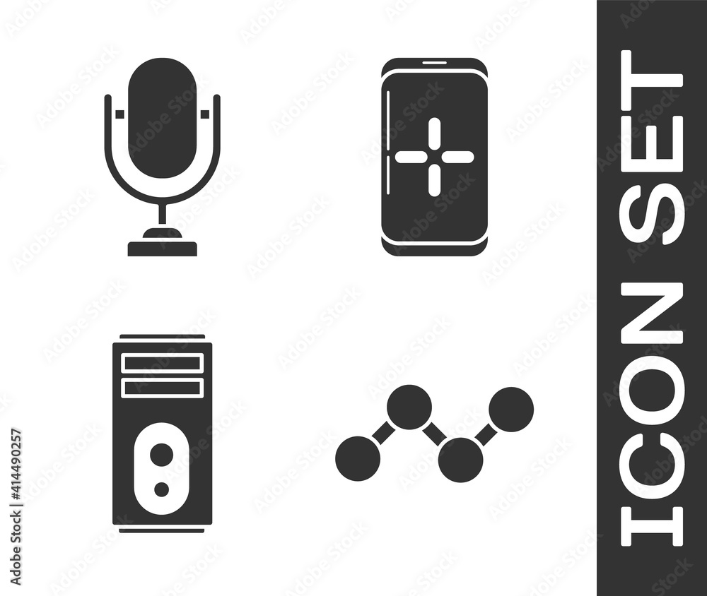 Poster set share, microphone, computer and smartphone and playing in game icon. vector.