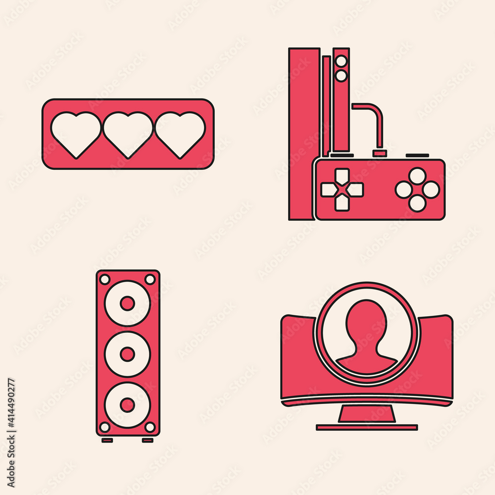 Poster set create account screen, like and heart, game console with joystick and stereo speaker icon. vecto