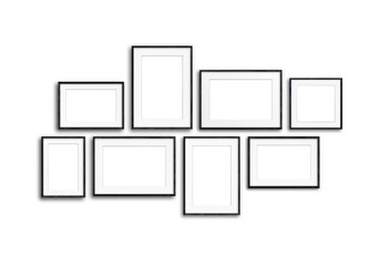 Black frames collage, eight blank frameworks set isolated on white wall, interior decor mock up