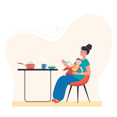Vector flat illustration mother holds the baby in her lap and spoon feeds porridge.