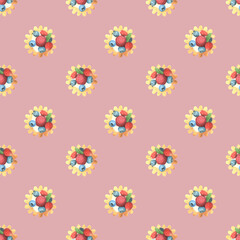 Fototapeta premium Seamless food pattern with desserts with berries and cream. Stylish pink background. Watercolor painted food.