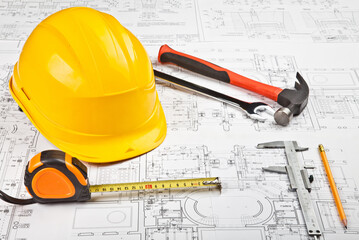 construction drafts and tools background