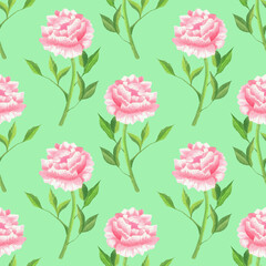 Seamless floral pattern with watercolor painted peonies. Light green flower background. Design with peony.