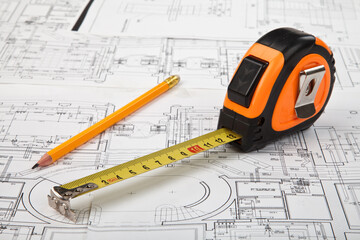 construction drafts and tools background