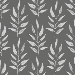 Seamless botanical pattern with watercolor painted leaves. Dark grey background with bright silver leaves. 