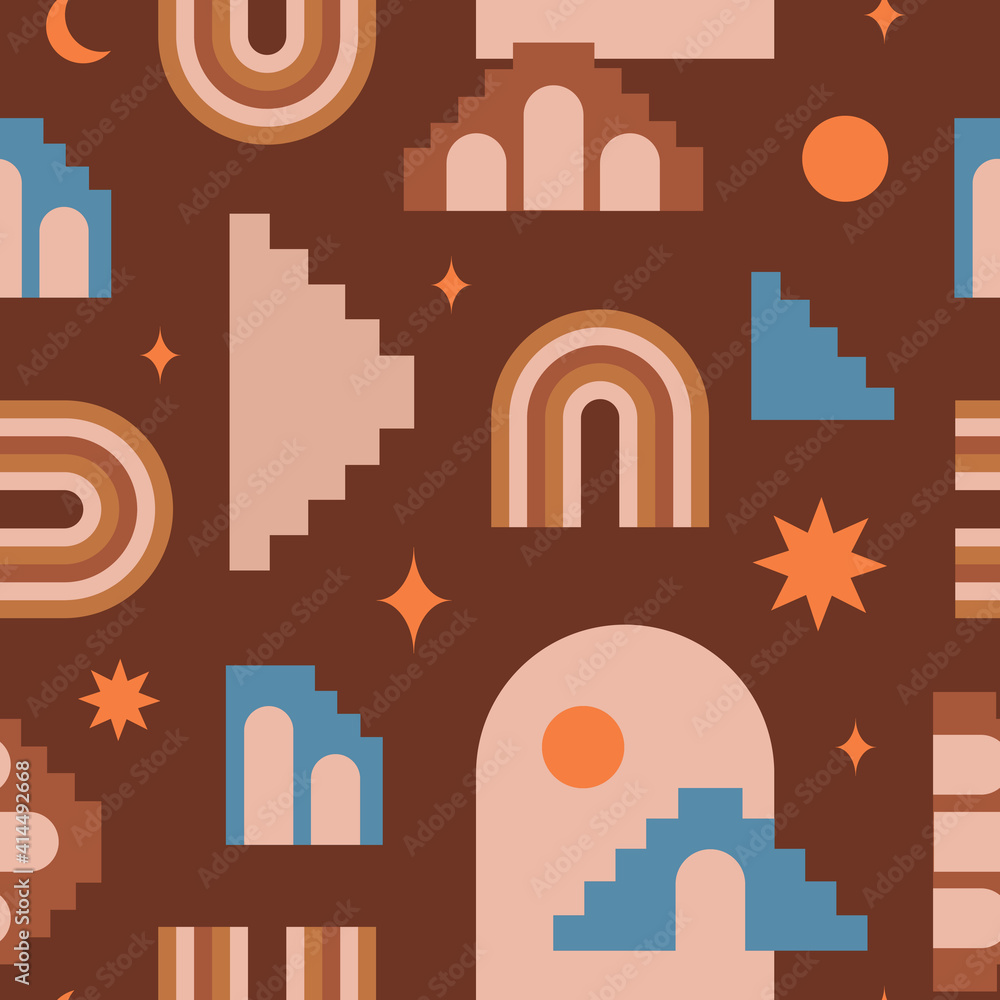 Poster modern abstract aesthetic seamless pattern with geometric architecture elements in boho style. mid c