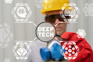 Industry 4.0 concept of deep tech. Deep Learning Technology, Artificial Intelligence, Machine Learning, Big Data, Blockchain, Internet of Things.