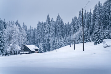 An old house in mountain village buried in snow on a very cold winter day in carpathian mountains, Czech Republic. Power line and poles leading to the house.