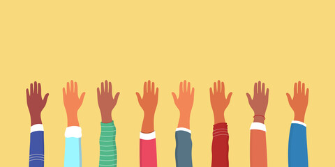 Group hands on top of each other of diverse people.Concept of teamwork community and cooperation.Diverse culture.Copy space.Vector illustration