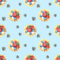 Seamless food pattern with desserts with berries and cream. Stylish green background. Watercolor painted food.