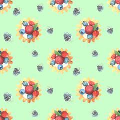 Seamless food pattern with desserts with berries and cream. Stylish green background. Watercolor painted food.