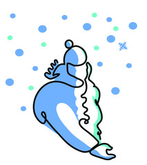 One line drawing of snowy day snowflakes.
One continuous line drawing of woman walking on snowy day.