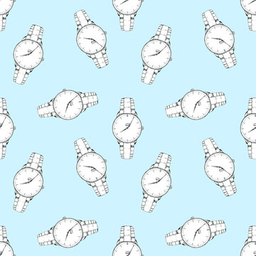 Seamless pattern with picture of wristwatch. Accessories background for use in design, packing, textile, fabric