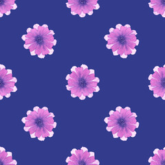Seamless summer pattern with watercolor painted leaves, knapweed flowers. Pink floral background.