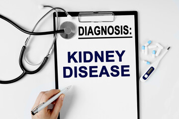 On the table are a stethoscope, a pill thermometer, and a diagnosis sheet. The text is written on...