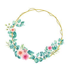 Watercolor leaf euccalyptus Circle Frame plant for vintage decoration and wedding invitation card