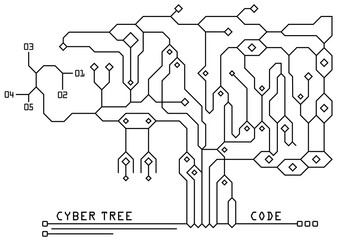 Concept circuit board tree. Futuristic background with tech tree. PCB. Black and white texture. Vector illustration.