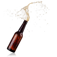 Beer up from a brown beer bottle, close up - 414495033