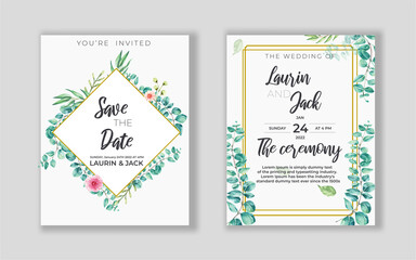 Templates Wedding invitation card  safe and the date design with decoration  frame  Leaf eucalyptus plant 
