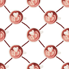 Seamless food pattern with coffee cups. Watercolor painted food. Coffee art background. Design or wallpaper, textile design, packing, textile, fabric.