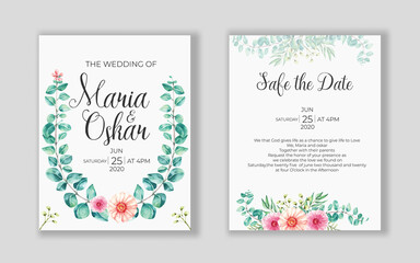 Wedding floral  invitation card save the date design with pink flowers and eucalyptus framed