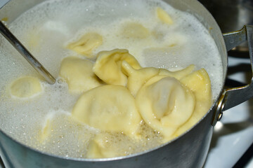 Meat dumplings cooked in a pot in the kitchen