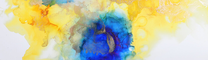 art photography of abstract fluid art painting with alcohol ink, blue, yellow and gold colors