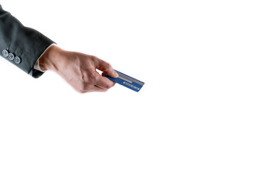 Male hand with a credit card on white background