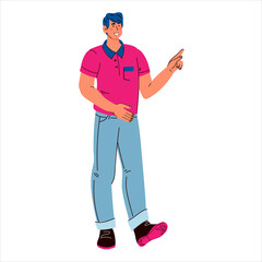 Cheerful  young handsome man in casual clothes  pointing with his finger, cartoon flat vector illustration isolated on white background. Cartoon character of man gesturing with pointing gesture.