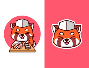 CUTE RED PANDA IN SUSHI MASTER OUTFIT HOLDING SUSHIES. SUITABLE FOR FOOD BUSINESS AND COMPANY LOGO.