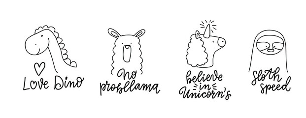 Doodle animals. Cute animals set. Doodle line art nursery clipart with lettering and pets faces. Dinosaur, lama, unicorn, sloth. No probllama, Love Dino, sloth speed, believe in unicorns © Elena