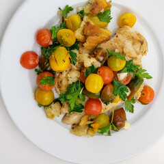 Crispy Chicken Cutlets with Cherry Tomato Panzanella, top view