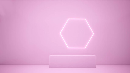 3d rendering. pink Podium  and lighting line pink background.minimalist concept.