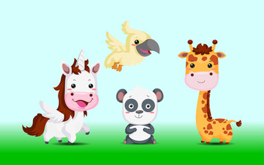 Obraz na płótnie Canvas Vector Cute Illustration Wild Life animals unicorn,Bird, giraffe and panda 