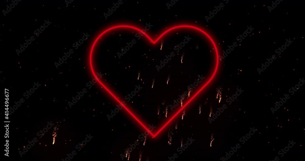 Sticker Animation of glowing neon heart over red fireworks in background