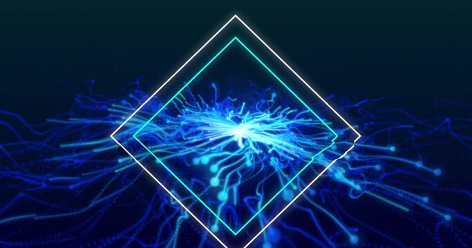 Animation of flickering neon diamonds over glowing blue light trails in background