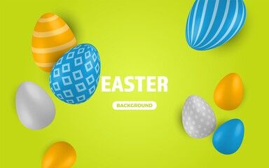 Colored Easter Eggs banner. 3d easter egg, spring holiday traditional symbol.