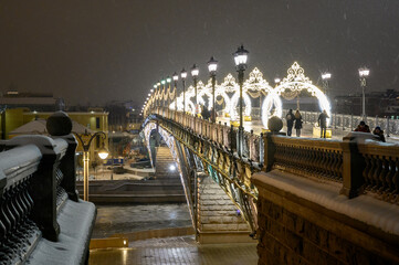 New Year and Christmas decorations on the Patriarch Bridge, Moscow, Russian Federation, January 12,...