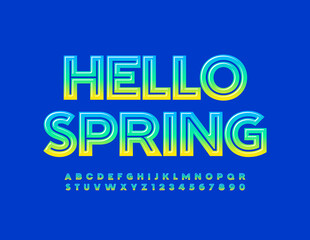Vector greeting sign Hello Spring. Creative glossy Font. Gradient color Alphabet Letters and Numbers set