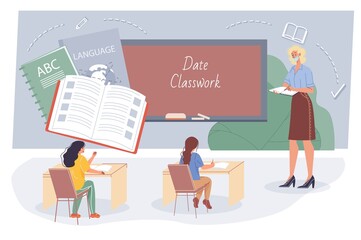 Vector cartoon flat teacher and pupils,students characters study language in class - offline online education concept with various school supplies,symbols,images