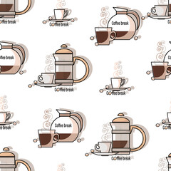 Coffee break. Coffee background. Coffee turtle, pot and cup. Linear symbol. Coffee cup and beans. Seamless pattern. Design for textiles. Vector illustration isolated on white background.