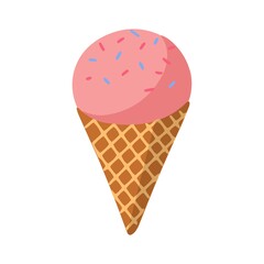 Isolated icon, cute cartoon ice cream. Pink ice cream in waffle con.Cartoon vector illustration.