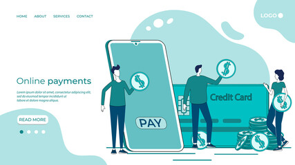 Online payments.Money transfers using a smartphone.People send money from their smartphone to a credit card.Flat vector illustration.The landing page template.