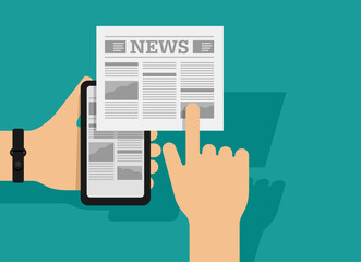 Mobile mass media - phone in hands and newspaper