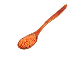 Red lentil in wooden spoon isolated on the white background