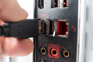macro view of the usb 3.0 data connection, inserting the wire port equipment