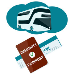 Immunity passport, ticket, bus - vector. Travel for new requirements. Preventive measures. Health care concept.