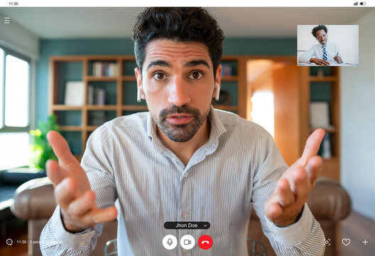 Business man on a work video call from home.