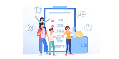 Vector cartoon flat happy family characters buy goods.Parents and kids use grocery shopping list for buying products-money saving,family budget management,web site banner ad concept design